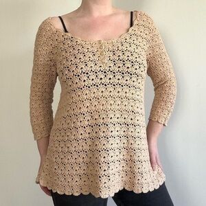 Sak’s Fifth Avenue tan crocheted knit boho sweater top